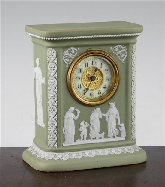 A Wedgwood sage green jasper timepiece, early 20th century, 15.5cm